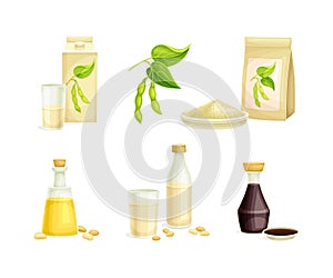 Soy Products with Legume Pod, Milk in Carton, Flour, Oil and Soy Sauce Vector Set
