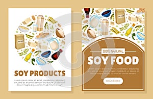 Soy products mobile app templates set. Vegan protein healthy dietary meal web banner, card cartoon vector
