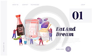 Soy Products Website Landing Page. Organic Natural Food of Soya Beans. Sauce, Meat and Milk from Legume Pods