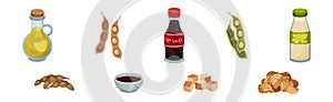 Soy Sauce, Bean Pod, Oil, Milk, Meat and Tofu Cheese Vector Set