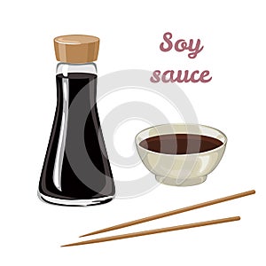 Soy sauce in a bottle, bowl and chopsticks isolated on white background. Soya sauce set.