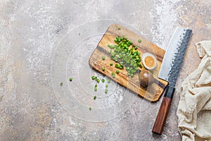 Soy sauce marinated egg with green onion, copy space photo