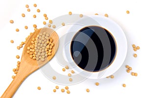 Soya beans with dark soy sauce in a ceramic bowl isolated over white background. Copy Space