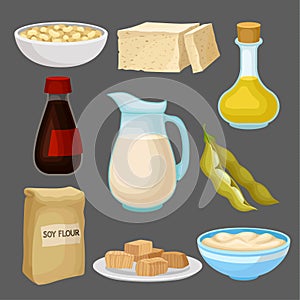 Soya food products set, milk, oil, sauce, tofu, bean, flour, healthy diet, organic vegetarian food vector Illustration