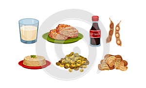 Soya Products and Foodstuff with Bean Pods and Tofu Rested on Plate Vector Set