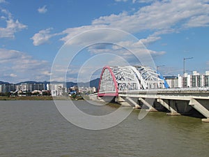 Soyanggang Soyang river bridge near skywalk in Chuncheon city of South Korea