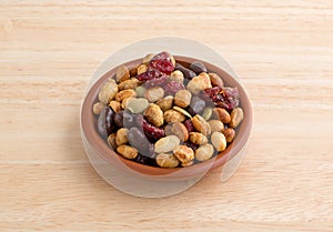 Soybean cranberry trail mix in small bowl on table