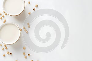 Soybean milk flat lay composition on white background with copy space. Concept Soybean Milk, Flat