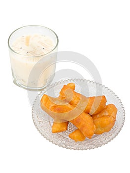 Soybean milk with fried bread stick isolated