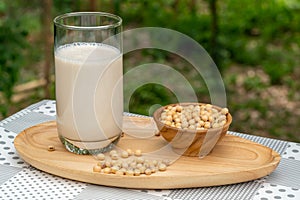 Soybean milk or Soy milk in a glass and soy beans in wooden bowl
