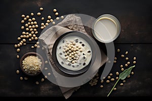 Soybean milk and soybeans on dark background, top view