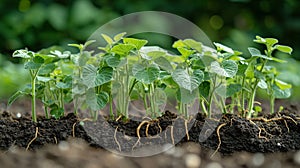 Soybean plants, sprouting on the surface, seeing the dirt underneath. AI Generated.