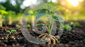Soybean plants, sprouting on the surface, seeing the dirt underneath. AI Generated.