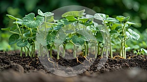 Soybean plants, sprouting on the surface, seeing the dirt underneath. AI Generated.