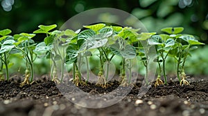 Soybean plants, sprouting on the surface, seeing the dirt underneath. AI Generated.
