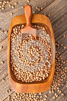 Soybean on a rustic wooden table in a bowl