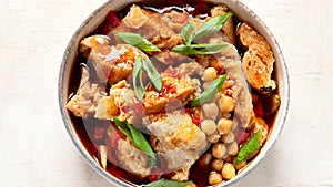 Soybean with soy meat, onion and tofu on light wooden background. Vegan food