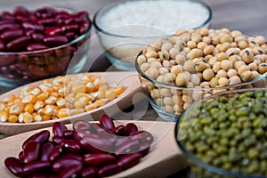 Soybean or soya bean in a bowl on wooden background. Soybeans with spoon and blow. Soybean organic background.