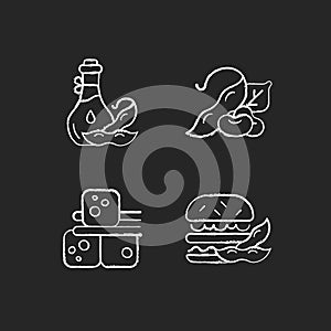 Soybeans cooking chalk white icons set on dark background