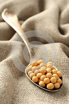Soybeans in metal spoon on sackcloth background photo