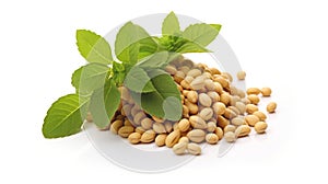 Soybeans with mint leaves isolated on a white background. Ideal for food and health related content. For banner, poster