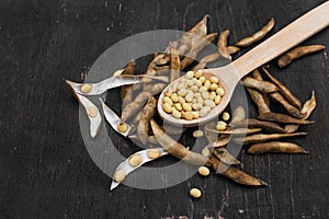 Soybeans pod, harvest of soy beans background Soybeans on a wooden background. rustic style