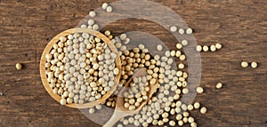 Soybeans seed in wooden bowl. vegetarian food ingredient organic healthy natural raw