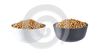 soybeans in a white and black bowl isolated on white background