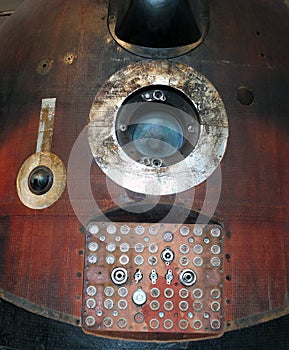 Soyuz space capsule window and electrical connecting panel with reentry burns and scorch marks