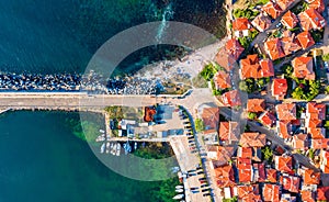 Sozopol, Bulgaria - Aerial harbor view of downtown