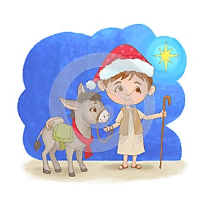 Child with donkey for greeting christmas card