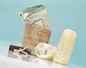 Spa accessories on blue background