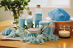 Spa accessories, candles, essential oils, and bath salts in a serene environment, evoking