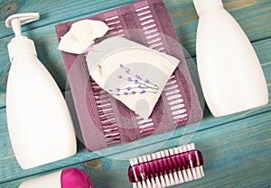 SPA accessories for hygenic and bath in a composition on a blue background.