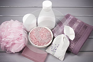SPA accessories for hygenic and bath in a composition on a gray background.