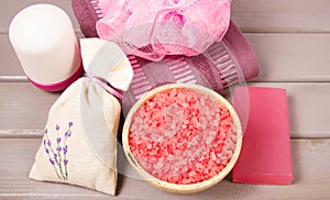 SPA accessories for hygenic and bath in a composition on a gray background.