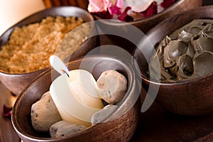 Spa accessories: scented stones, mud, body scrub