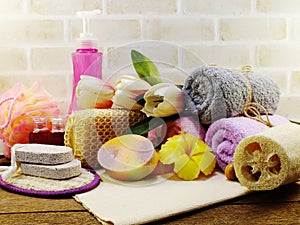 Spa accessories with Shampoo soap and shower cream bathroom products