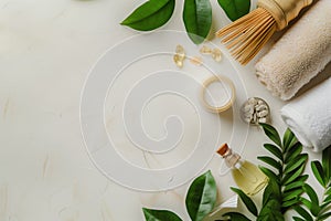 Spa accessories: towels, oils, stones, and green leaves on a light background.