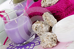 Spa accessories, towels, soap and candles