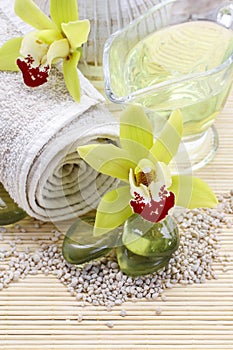 Spa accessories: zen stones, towel, sea salt