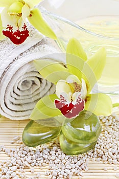 Spa accessories: zen stones, towel, sea salt