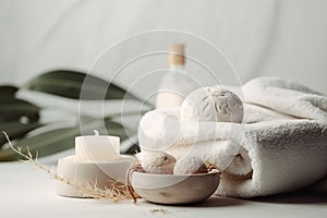 Spa accessory composition set in spa hotel , beauty wellness center . Spa product are placed in luxury spa resort room