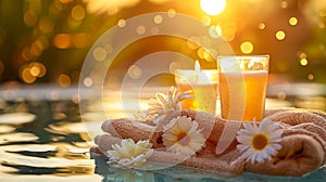 Spa Ambiance with Candles and Flowers at Sunset