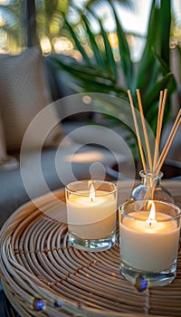 Spa ambiance lit candles and aromatic reed diffuser on table with soft focus background