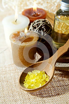 Spa aroma salt in spoon, aroma candles