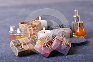 Spa aroma therapy background with handmade soap and products for spa treatment