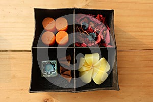 Spa Aroma therapy set in box, Candle Aroma, Roses Shaped Candles, incense sticks and dry flower