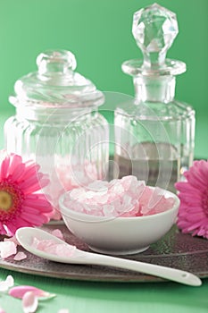 Spa aromatherapy with pink salt gerbera flowers