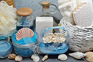 SPA - Aromatic sea salt and scented soap, scented candles and massage oil and accessories for massage and bath